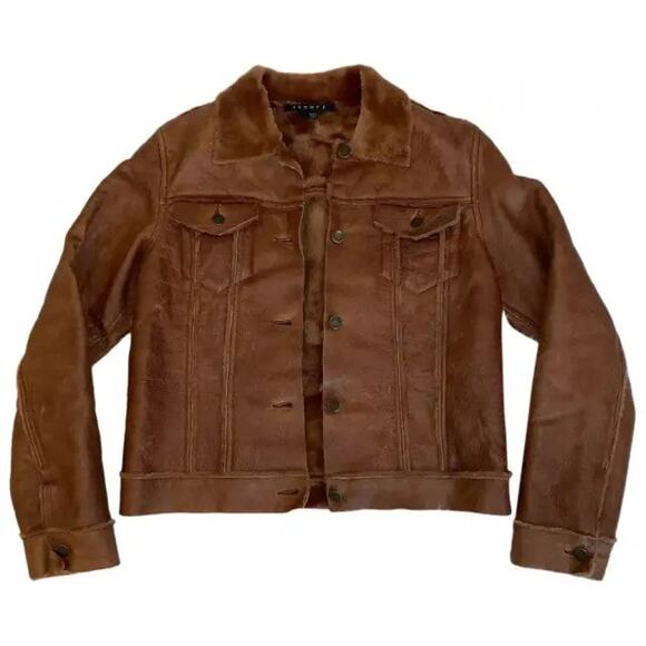 Theory Lamb Shearling Leather Fur Aviator Jacket - XS - Brown